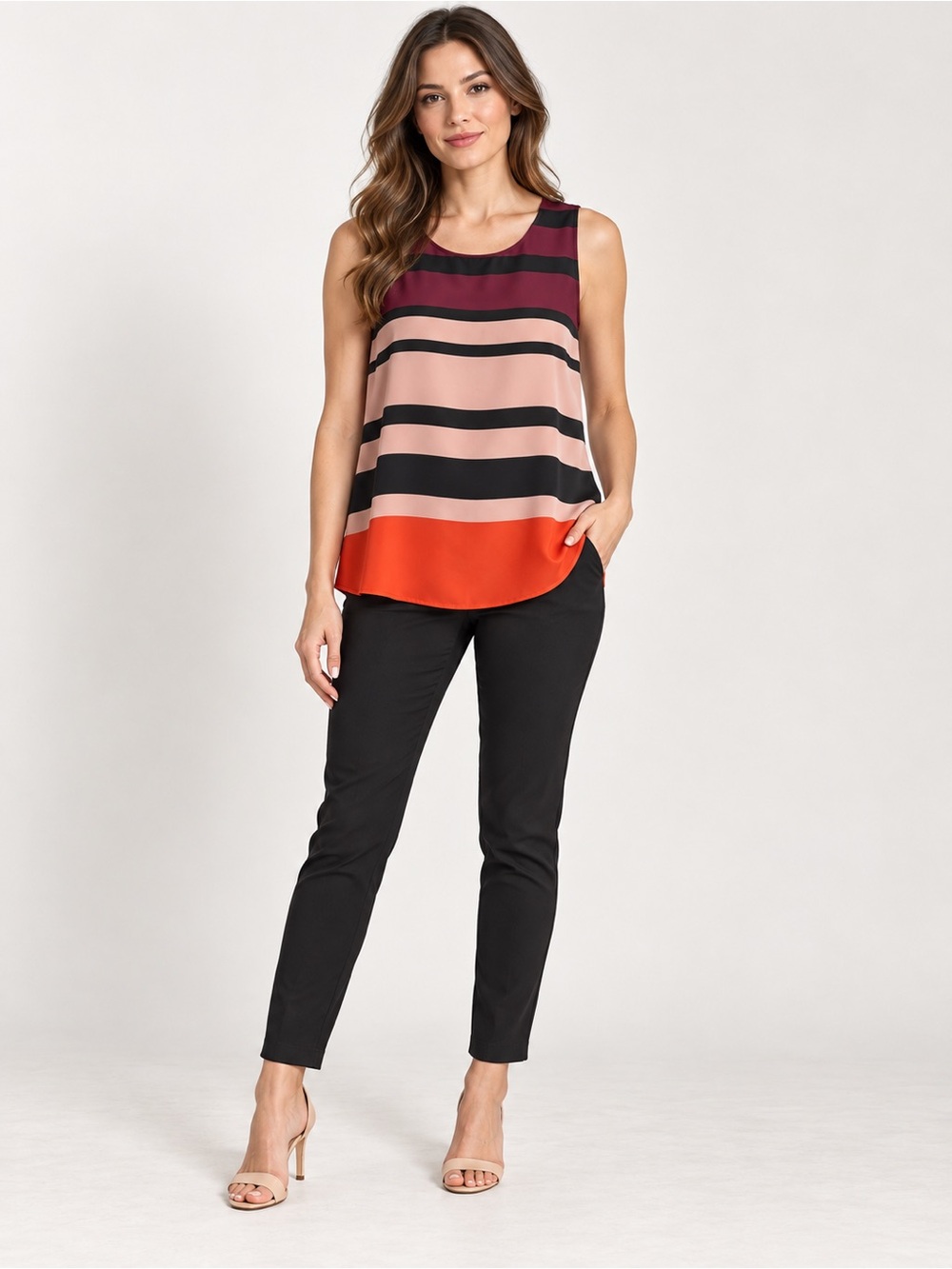 Ann Taylor Petite Striped Colorblock Sleeveless Blouse Top Burgundy Orange LP